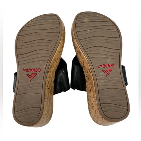 Vionic Anitra Black Leather Platform Wedge Sandals Cork Sole Comfort Orthotic 6 - Picture 7 of 11